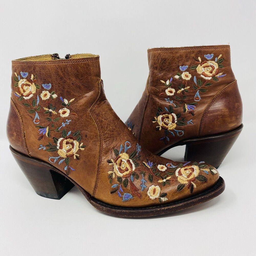 Shyanne 8 Millie Floral Brown Leather Western Zip Ankle Boots Cowgirl Rodeo Boho